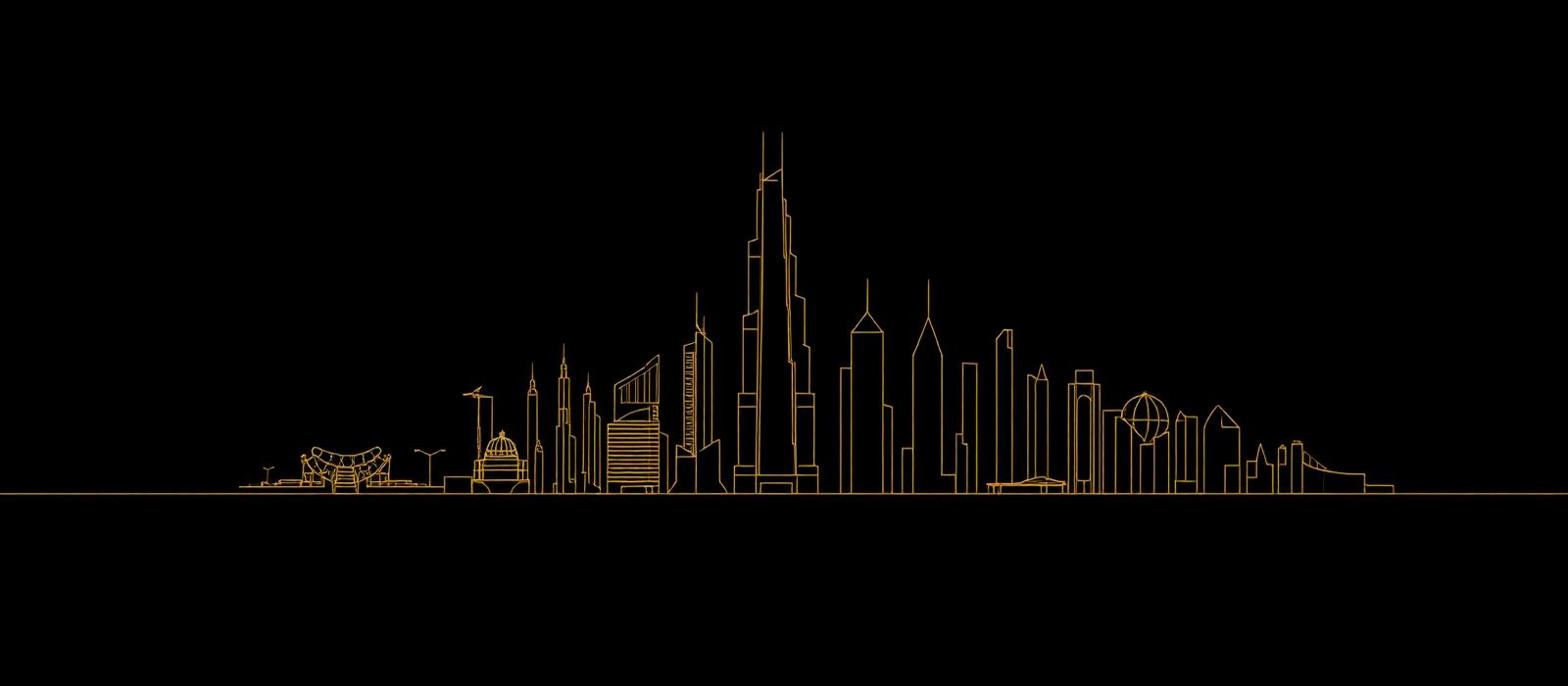 Stylised UAE skyline illustration in gold line art