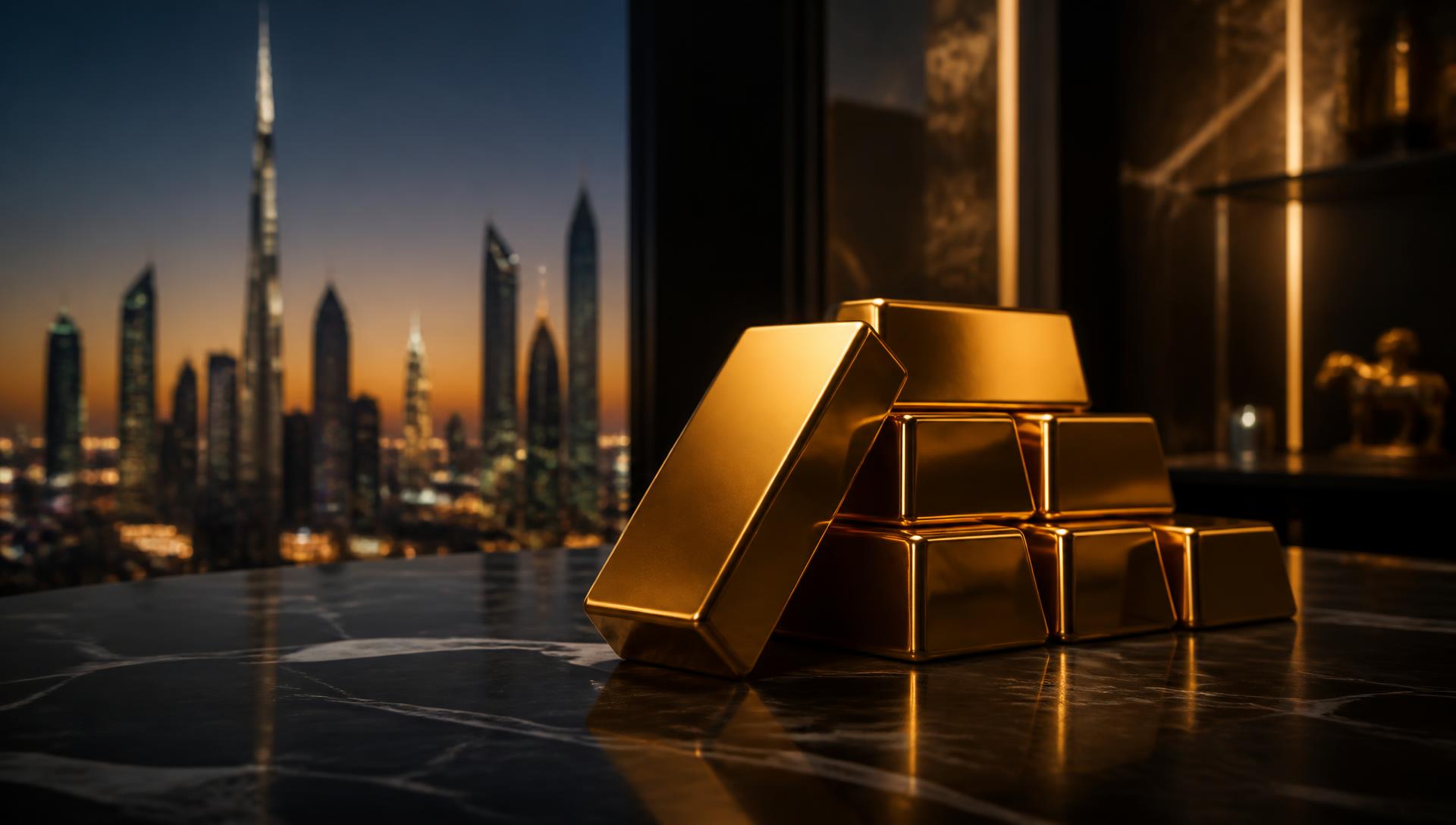 Refined gold bullion bars on polished stone with a UAE skyline at dusk